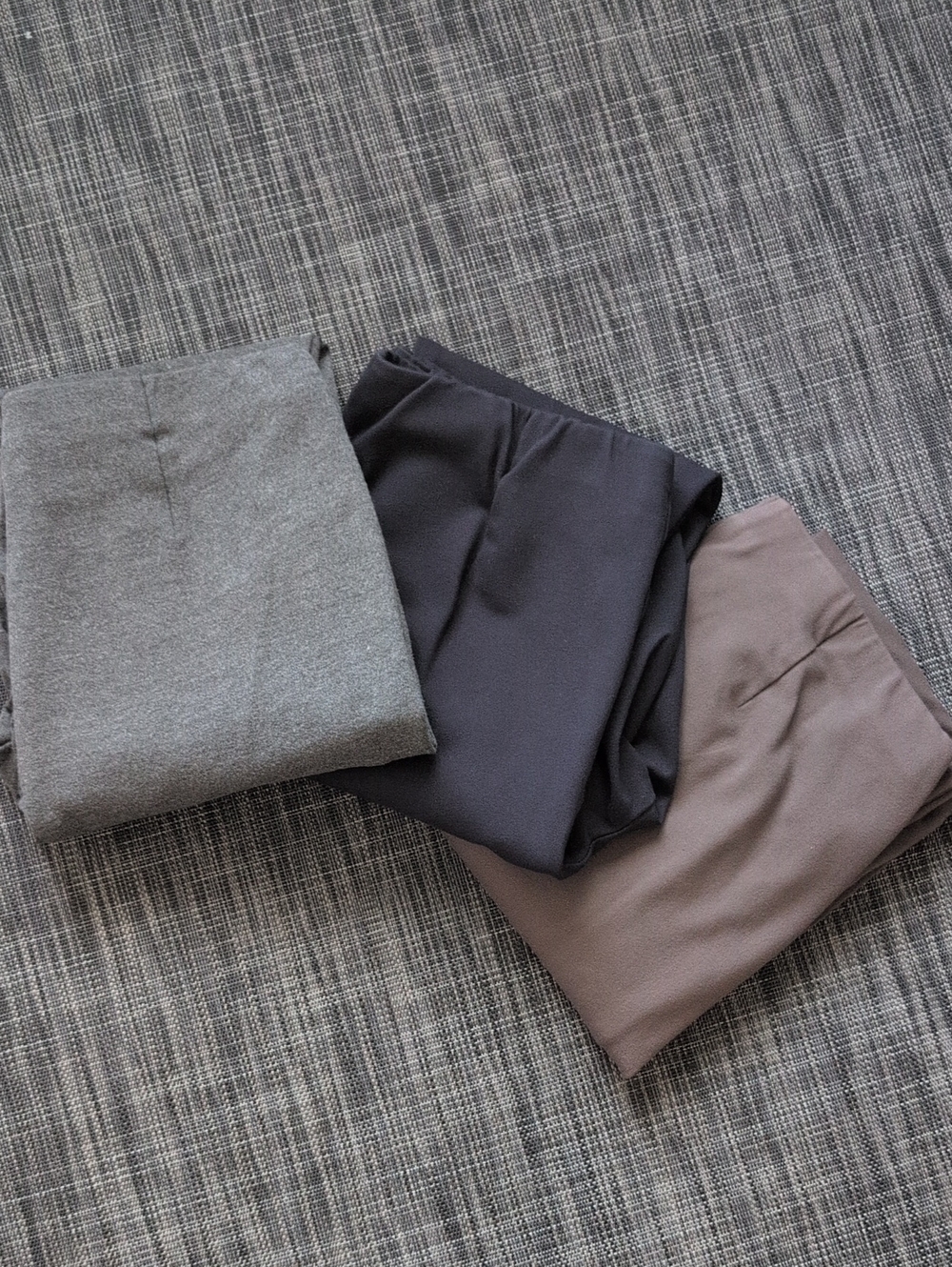 Three Pair Of J. Jill Ponte Leggings. Gray, Navy, and Brown, Size Medium Tall
